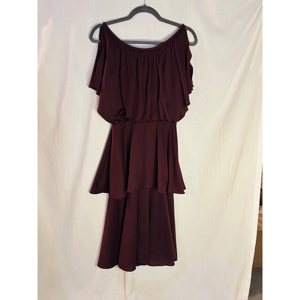 Vintage Burgundy Cold Shoulder Tiered Midi Dress Wine Flutter Sleeve Waist
